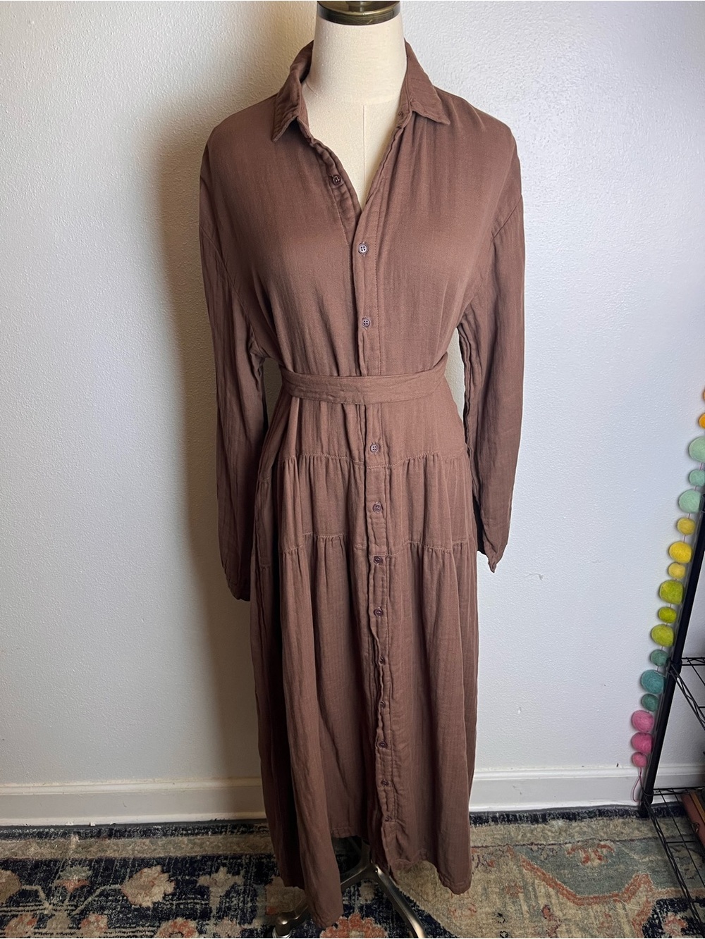 CP Shades Brown Button-Front Dress with Waist Tie 100% Cotton